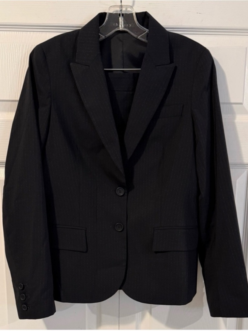 Theory Skirt Blazer 2pc Suit Black Pinstripe